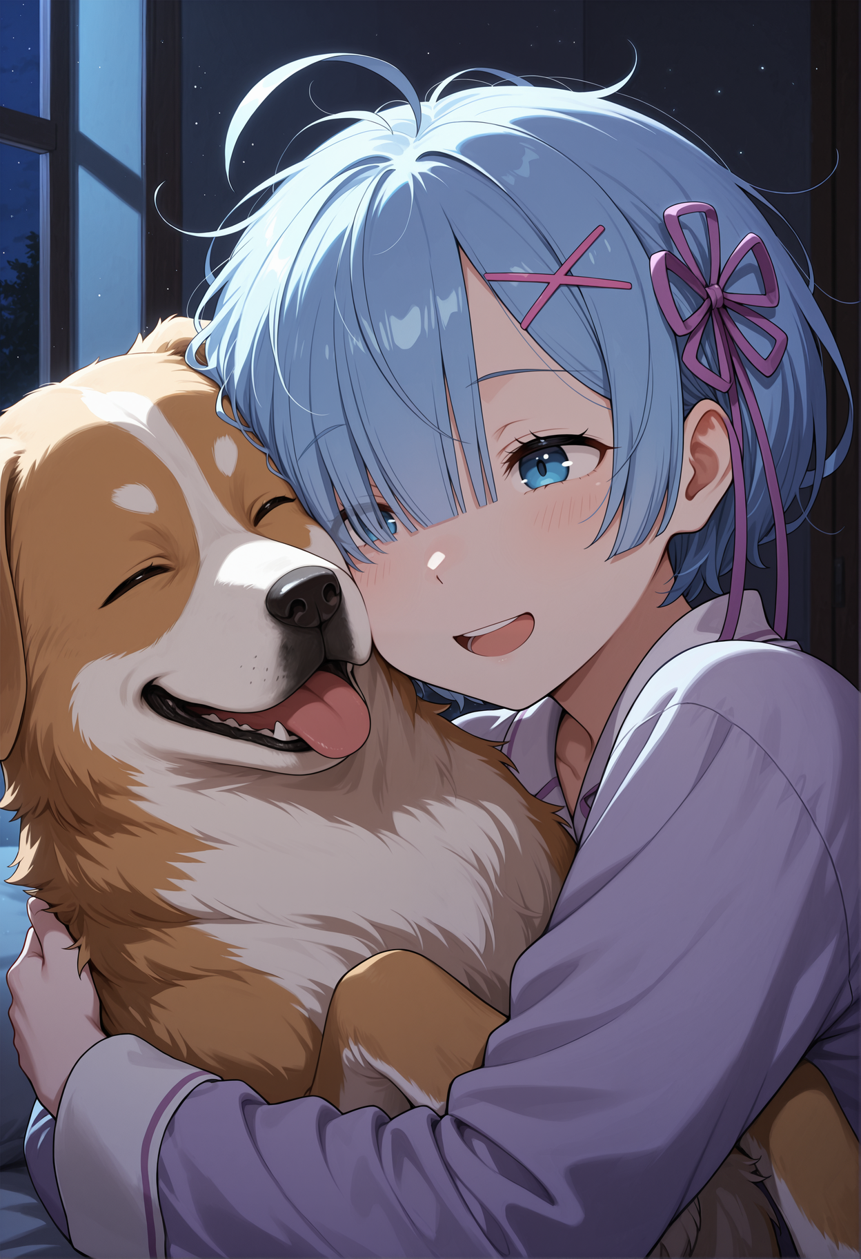 (re;zero) rem - pajama - portrait bg - dog hug_00847.png